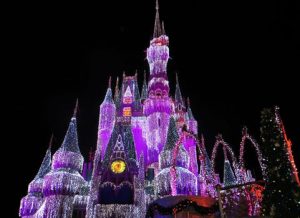 image of the Walt Disney World castle at night lit up with purple lights