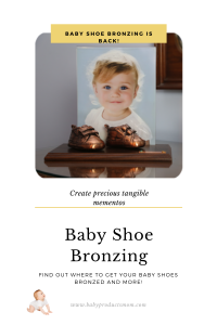 mounted bronzed baby shoes with photo of baby in the background