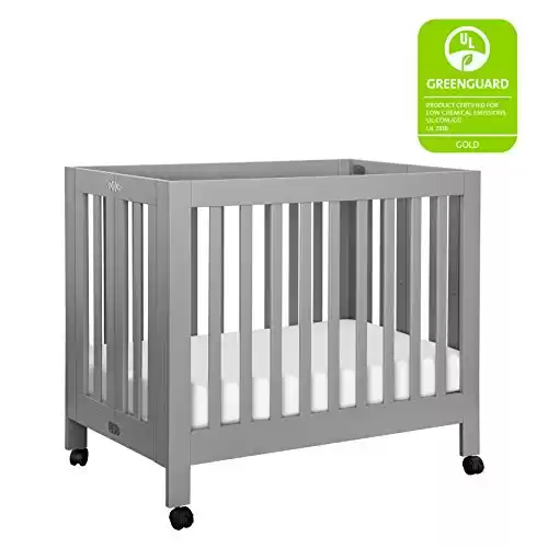 Babyletto Origami Mini Portable Folding Crib with Wheels in Grey, 2 Adjustable Mattress Positions, Greenguard Gold Certified