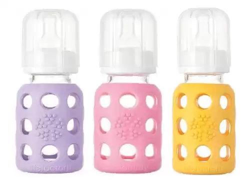 Lifefactory Glass Baby Bottle with Silicone Sleeve 4 Ounce - 3 Pack - Pink, Lilac and Yellow