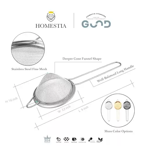 Homestia Fine Mesh Sieve Strainer 304 Stainless Steel Cocktail Strainer Food Strainers Tea Strainer Coffee Strainer with Long Handle for Double Straining Utensil 3.3 inch Silver