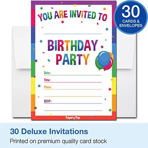 30 Birthday Invitations with Envelopes (30 Pack) - Kids Birthday Party Invitations for Boys or Girls - Rainbow
