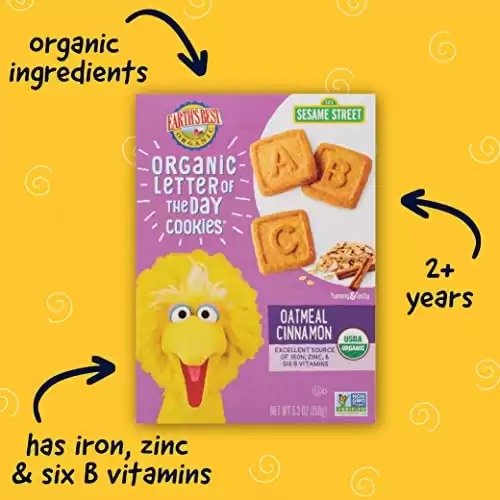 Earth's Best Organic Kids Snacks, Sesame Street Toddler Snacks, Organic Letter of the Day Cookies for Toddlers 2 Years and Older, Oatmeal Cinnamon, 5.3 oz Box (Pack of 6)