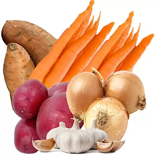 Hearty Organic Vegetable Box with Sweet Potatoes, Carrots, Red Skin Potatoes, Texas Sweet Onions, and Garlic From Organic Mountain