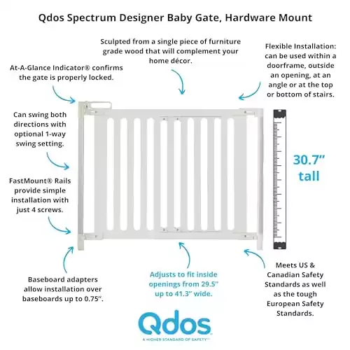 Qdos Safety Spectrum Designer Baby Safety Gate - Meets Tougher European Standards - Modern Design and Unparalleled Safety - Furniture Grade Wood - Simple Installation | Hardware Mount | White