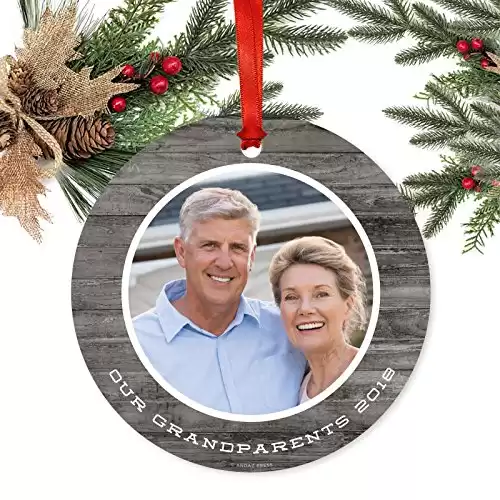 Andaz Press Photo Personalized Christmas Ornament, Gray Rustic Wood, Our Grandparents 2024, 1-Pack, Includes Ribbon and Gift Bag, Custom Image