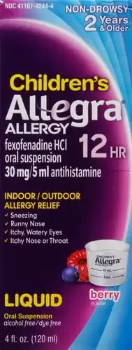 Allegra Children's 12HR Allergy Relief Non-drowsy Antihistamine Liquid, Berry Flavor, Alcohol-Free & Dye-Free, Fexofenadine HCl, 4 oz.